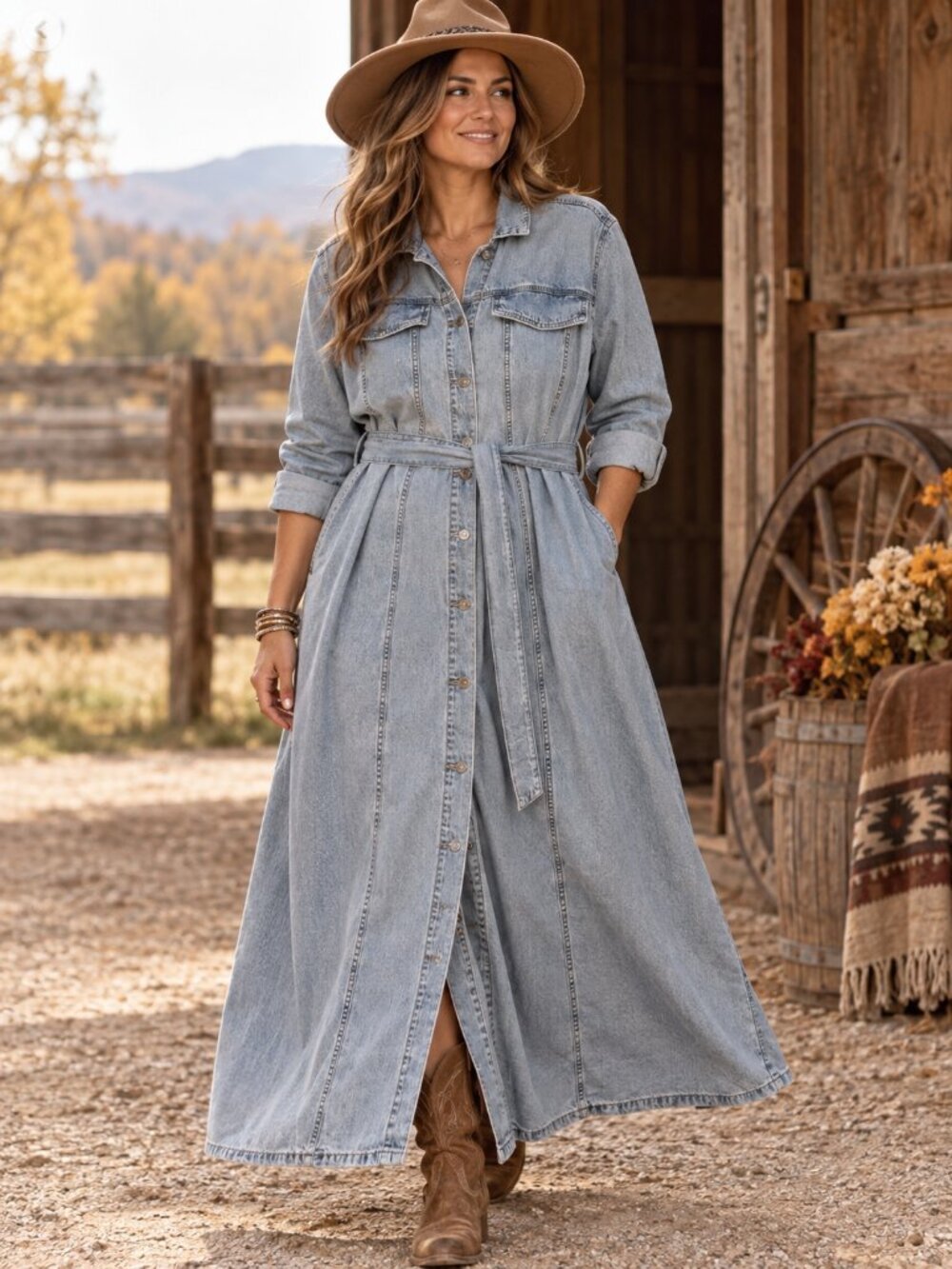 100% Cotton Light Wash Denim Duster Maxi Shirt Dress 2X Belted Western Boho EUC